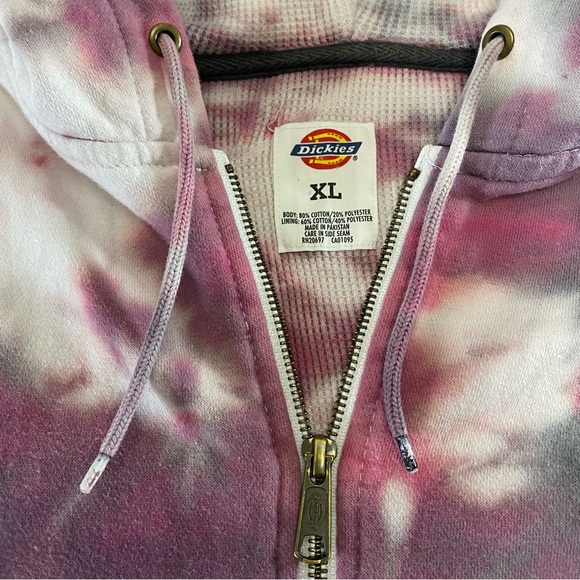 Womens PINK Tie Die Dickies Zip Up Hoodie Heavyweight Embroidered Patch Size XL - Picture 3 of 9